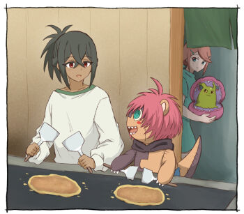 :3 @_@ animal_ears bear_ears black_hair blue_eyes brown_eyes brown_hair commentary_request cooking crossed_bangs curtains dark-skinned_male dark_skin digimon digimon_(creature) digimon_beatbreak dress food granit_(digimon) green_dress griddle hair_ornament hairclip high_ponytail holding holding_digimon holding_spatula indoors kadoko5 kanuma_hotaruko long_hair long_sleeves looking_at_another ludomon no_armor noren okonomiyaki open_mouth pink_hair ponytail shakomon sharp_teeth shell shirt short_hair short_sleeves smile spatula stitched_face stitched_tail stitches tail teeth white_shirt yellow_eyes