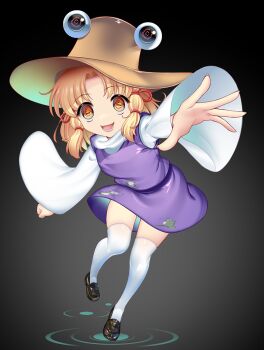 brown_hat full_body hat hataraki_kuma moriya_shrine moriya_suwako open_mouth purple_skirt short_hair skirt thighhighs touhou white_thighhighs wide_sleeves