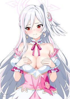 1girl absurdres bare_shoulders blue_archive blush breasts bustier corset crescent crescent_hair_ornament detached_sleeves dress hair_ornament halo head_wings highres large_breasts long_hair magical_girl myapanpan official_alternate_costume pink_corset pink_halo red_eyes single_head_wing solo suzumi_(blue_archive) suzumi_(magical)_(blue_archive) white_background white_hair wing_ornament wings