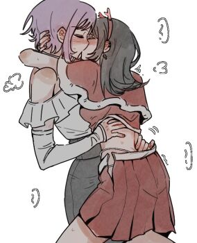 2girls animal_ears bang_dream! bang_dream!_it's_mygo!!!!! black_hair capelet detached_sleeves earclip earrings fake_animal_ears jewelry kiss medium_hair multiple_girls pleated_skirt purple_hair red_capelet red_skirt shirt short_hair simple_background skirt undressing_another white_background white_shirt xiaowu0074 yahata_umiri yuri yuutenji_nyamu