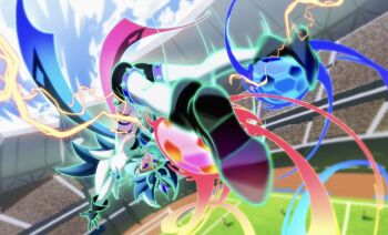 1girl aqua_hair ass ball beta_(inazuma_eleven) black_gloves black_pantyhose bodysuit breasts commentary double_bun gem gloves hair_bun headpiece highres inazuma_eleven_(series) inazuma_eleven_go inazuma_eleven_go_chrono_stone kicking kokuu_no_megami_athena_(armed) long_hair medium_breasts omisotayan pantyhose protocol_omega purple_eyes smile soccer_ball solo stadium thighhighs white_bodysuit white_thighhighs