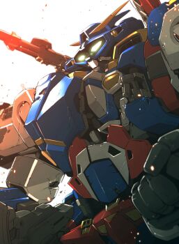 absurdres damaged glowing glowing_eyes green_eyes highres kato_takuji mecha no_humans robot science_fiction solo srx super_robot super_robot_wars super_robot_wars_original_generation upper_body v-fin white_background