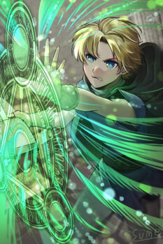 Rule 34 | 1boy, artist name, belt, blonde hair, blue eyes, fingerless gloves, gloves, magic circle, maruju, scarf, solo, sumeragi (black rose), tear ring saga, tear ring saga: yutona eiyuu senki, teeth