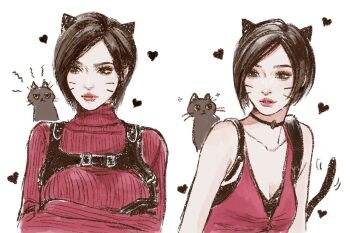 1girl ada_wong animal_ears bare_shoulders black_choker black_hair breasts cat cat_ears cat_girl cat_tail chest_harness choker cleavage closed_mouth crossed_arms dress facial_mark furrowed_brow harness illust2222 kemonomimi_mode light_smile medium_breasts multiple_views parted_lips red_dress red_lips resident_evil resident_evil_2 resident_evil_2_(remake) resident_evil_4 resident_evil_4_(remake) short_hair sleeveless sleeveless_dress sweater sweater_dress swept_bangs tail tail_wagging turtleneck turtleneck_dress turtleneck_sweater upper_body whisker_markings