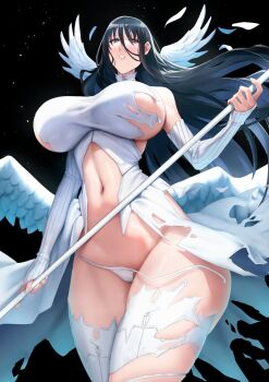 Rule 34 | 1girl, angel wings, bare shoulders, black background, black hair, blue eyes, blue hair, blush, breasts, commentary, detached sleeves, dress, english commentary, eu03, feathered wings, frown, hair between eyes, halterneck, huge breasts, long hair, looking at viewer, magical girl, mahou shoujo (raita), multiple wings, narrow waist, navel, no bra, pleated dress, sideboob, skindentation, sleeves past wrists, solo, staff, stomach, suzuhara misae, thick thighs, thigh gap, thighhighs, thighs, turtleneck, very long hair, weapon, wide hips, wings