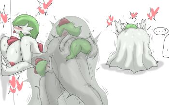 1girl 2boys ? absurdres ahegao anal ass breast_press breasts double_penetration embarrassed enigi09 female_orgasm gardevoir gen_3_pokemon heart highres kirlia large_breasts mega_gardevoir mega_pokemon motion_lines multiple_boys multiple_views nintendo no_humans orgasm pokemon pokemon_(creature) ralts sex shota simple_background size_difference stealth_sex tongue tongue_out transparent trembling under_another's_clothes vaginal