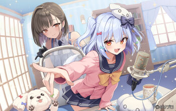 1boy 1girl animal_hat black_gloves black_sailor_collar black_skirt blue_hair bow bowtie brown_eyes brown_hair cardigan chair crossdressing crossdressing_(mtf) desk dog dog_hat gloves hair_bow hat indoors inuyama_tamaki inuyama_tamaki_(1st_costume) kaito_(k4itoh) microphone microphone_stand miniskirt multiple_hair_bows noripro pink_cardigan pleated_skirt pointing pointing_at_viewer sailor_collar school_uniform serafuku shelf skirt smile trap tsukudani_norio_(vtuber) two_side_up virtual_youtuber window yellow_bow yellow_bowtie