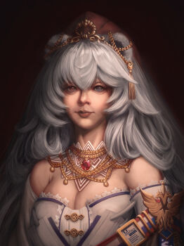 Rule 34 | 1girl, animal ears, arknights, arms at sides, atarax art, bare shoulders, bear ears, bear girl, blue eyes, blue ribbon, blue sash, blue trim, breasts, cape, cleavage, closed mouth, collar, commentary, dark background, detached collar, double-parted bangs, dress, ear ornament, elbow gloves, frilled dress, frills, gem, gloves, gold beads, gold buttons, gold necklace, gold tiara, hair between eyes, hair over shoulder, hat, heterochromia, highres, jewelry, lace, lace-trimmed collar, lace-trimmed dress, lace-trimmed gloves, lace trim, large breasts, layered dress, long dress, long hair, long sidelocks, long sleeves, looking at viewer, multicolored sash, multiple necklaces, necklace, official alternate costume, pale skin, raised eyebrows, realistic, red eyes, red gem, red hat, red lips, red sash, ribbon, rosa (arknights), rosa (masterpiece) (arknights), russian text, sash, sidelocks, sleeveless, sleeveless dress, solo, standing, straight-on, strapless, strapless dress, tassel, upper body, vertical-striped sash, very long hair, wavy hair, white cape, white collar, white dress, white gloves, white gown, white hair, white sash