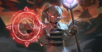1girl belt black_belt capelet casting_spell commentary elf english_commentary frieren glowing glowing_eyes holding holding_staff long_hair mage_staff magic magic_circle outdoors pointy_ears raikoart shirt skirt solo sousou_no_frieren spell staff striped_clothes striped_shirt textless_version twintails white_capelet white_hair white_skirt