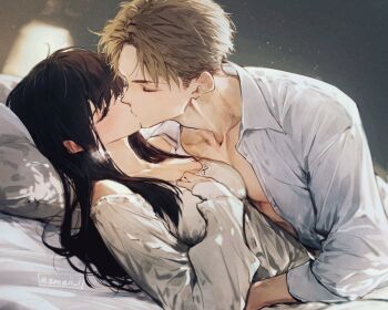 1boy 1girl bare_shoulders black_hair blonde_hair blush breasts closed_eyes couple ear_blush hetero highres husband_and_wife kiss long_hair looking_at_another maiii_(smaii_i) shirt short_hair simple_background spy_x_family twilight_(spy_x_family) twitter_username yor_briar