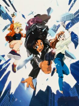 1990s_(style) arm_up blonde_hair blue_eyes bob_cut brown_hair city cz_75 dark-skinned_female dark_skin freckles grin gun gunsmith_cats hairband handgun highres holding holding_gun holding_weapon holding_wrench jacket long_sleeves looking_at_viewer minnie_may_hopkins misty_brown multiple_girls non-web_source one_eye_closed open_clothes open_jacket open_mouth orange_jacket pencil_skirt rally_vincent retro_artstyle rimless_eyewear round_eyewear shoes short_hair shorts side_slit skirt smile sneakers teeth upper_teeth_only weapon wrench