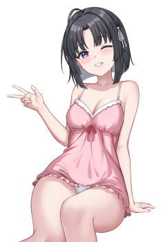 1girl absurdres awa_subaru black_hair blush breasts camisole girls_band_cry highres lips looking_at_viewer medium_breasts one_eye_closed open_mouth panties pink_camisole purple_eyes reiku09 short_hair simple_background sitting smile solo teeth underwear v white_background white_panties