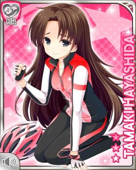 1girl biker_clothes bikesuit black_eyes bodysuit brown_hair card_(medium) character_name clenched_hands closed_mouth fingerless_gloves girlfriend_(kari) gloves hayashida_tamaki helmet long_hair looking_at_viewer official_art pink_background qp:flapper raised_inner_eyebrows seiza sitting smile solo zipper