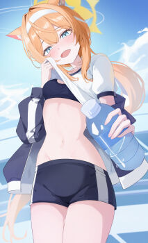 1girl absurdres animal_ear_fluff animal_ears blue_archive bottle cat_ears clothes_lift commentary flower gym_shirt gym_shorts gym_uniform hair_flower hair_ornament hairband halo highres holding holding_bottle jacket lifting_own_clothes looking_at_viewer mari_(blue_archive) mari_(track)_(blue_archive) multicolored_jacket navel noya_(yuseong86368507) official_alternate_costume orange_hair shirt shirt_lift shorts smile solo sports_bra track_jacket two-tone_jacket water_bottle white_flower white_hairband wiping_sweat yellow_halo