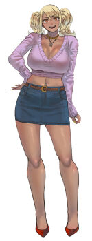 1girl :d arm_at_side belt blonde_hair blue_skirt breasts brown_belt cleavage contrapposto dark-skinned_female dark_skin fingernails full_body gyaru hand_on_own_hip highres jewelry large_breasts long_fingernails long_sleeves midriff miniskirt navel navel_piercing necklace open_mouth orange_eyes original pendant piercing purple_sweater red_shoes sakamoto_kengo shoes skirt smile solo standing sweater teeth twintails upper_teeth_only v-shaped_eyebrows