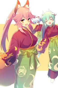 3girls animal_ear_fluff animal_ears blush breasts cosplay dragon_girl dragon_horns echo_(circa) fate/grand_order fate_(series) flame_print fox_ears fox_girl fox_tail glasses green_hair green_hakama hair_between_eyes hakama horns japanese_clothes kimono kiyohime_(fate) large_breasts long_hair long_sleeves looking_at_viewer mash_kyrielight mash_kyrielight_(enma-tei_uniform) mash_kyrielight_(enma-tei_uniform)_(cosplay) medium_breasts multiple_girls multiple_horns pink_hair ponytail red_eyes red_kimono short_ponytail sidelocks tail tamamo_no_mae_(fate) tomoe_gozen_(fate) twintails two-tone_background white_hair wide_sleeves yellow_eyes