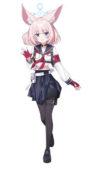 1girl :d \||/ animal_ear_fluff animal_ears armband black_pantyhose black_sailor_collar black_shoes black_skirt blue_archive blue_eyes blue_halo blunt_bangs blush comiket_106 commentary_request eko fingerless_gloves fox_ears fox_girl full_body gloves halo hand_up loafers looking_at_viewer medium_hair midriff_peek miniskirt neckerchief niko_(blue_archive) open_mouth pantyhose pink_hair pleated_skirt red_armband red_gloves red_neckerchief sailor_collar school_uniform serafuku shirt shoes skirt smile solo standing thigh_strap waving white_background white_shirt