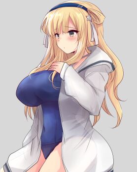 1girl absurdres alternate_costume alternate_eye_color blonde_hair blue_one-piece_swimsuit blush breasts collarbone commentary_request covered_navel double_bun fletcher_(kancolle) fletcher_kai_(kancolle) grey_background hair_bun hair_ornament hairband hand_on_own_chest highres hirune_(konekonelkk) hood hooded_jacket jacket kantai_collection large_breasts long_hair long_sleeves looking_at_viewer one-piece_swimsuit school_swimsuit sitting solo star_(symbol) star_hair_ornament swimsuit white_jacket yellow_eyes