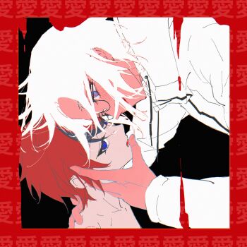 2boys aotsuki_eito black_background black_hair blood blue_eyes blush drawstring glasses hand_on_another&#039;s_chin hand_on_another&#039;s_face hand_on_another&#039;s_neck hand_on_another&#039;s_shoulder highres jacket limited_palette long_sleeves looking_at_another male_focus multicolored_hair multiple_boys mushi0716 nude open_mouth purple_eyes red_background red_hair red_theme shirt short_hair smile streaked_hair sumino_takumi the_hundred_line_-last_defense_academy- two-tone_hair white_hair white_jacket yaoi