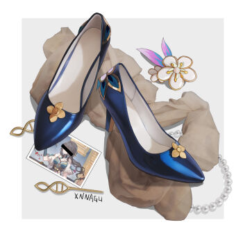 1girl aqua_footwear artist_name bar_censor blue_footwear border censored censored_identity dress grey_background high_heels highres jewelry lying necklace no_humans outside_border pearl_necklace photo_(object) shoes simple_background solo still_life unworn_shoes white_border xnnagu