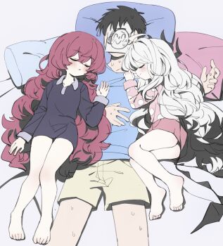 Rule 34 | 1boy, 2girls, absurdres, ahoge, alternate costume, bare legs, barefoot, black hair, black horns, black pajamas, black skirt, blue archive, blush, chinese commentary, closed mouth, commentary, crossed bangs, demon girl, demon horns, demon wings, doodle sensei (blue archive), feet, fluffy hair, full body, girl sandwich, hair between eyes, hand up, head on pillow, highres, hina (blue archive), hina (pajamas) (blue archive), horns, iroha (blue archive), long hair, low wings, lying, meng yin, multiple girls, nervous sweating, official alternate costume, on back, on side, open mouth, pajamas, paper on head, pillow, polka dot, polka dot pajamas, red hair, sandwiched, sensei (blue archive), short hair, skirt, sleeping, smile, soles, sweat, toes, very long hair, white hair, wings