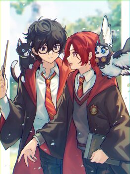 2boys :d absurdres amamiya_ren animal animal_on_shoulder bird black-framed_eyewear black_coat black_eyes black_hair black_pants book border cat coat commentary_request denim diagonal-striped_clothes diagonal-striped_necktie glasses grey_vest hair_between_eyes hand_up harry_potter_(series) highres hogwarts_school_uniform holding holding_book holding_wand jeans kamishiro_nagisa lapels long_sleeves looking_at_another lufel_(owl)_(p5x) lufel_(p5x) morgana_(cat)_(persona_5) morgana_(persona_5) multiple_boys necktie open_mouth outdoors outside_border owl pants pentacle_dark persona persona_5 persona_5:_the_phantom_x red_eyes red_hair red_necktie round_eyewear school_uniform shirt short_hair smile striped_clothes teeth tuxedo_cat upper_teeth_only vest wand white_border white_shirt wide_sleeves wizarding_world