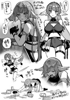 1girl arknights bar_counter bikini breasts clumsy crying drinking dropped_object fallen_down feather_hair gloves grey_hair greyscale highres large_breasts long_hair monochrome poncirus_(arknights) poncirus_(to_rest_in_night_breezes)_(arknights) running senjou_no_pentsu streaming_tears sweat swimsuit tears thigh_strap