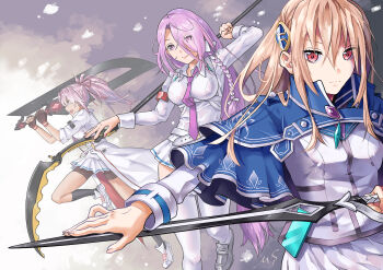 3girls absurdres armband belt bike_shorts black_gloves black_shorts blonde_hair blue_capelet braid breasts capelet closed_mouth coat collared_shirt dual_wielding eyes_visible_through_hair fingerless_gloves gloves hair_between_eyes hair_ornament hair_over_one_eye hair_ribbon hairclip heaven_burns_red highres holding holding_polearm holding_scythe holding_sword holding_weapon huge_weapon jacket kneehighs kura_satomi large_breasts long_hair long_sleeves looking_at_viewer medium_breasts miniskirt multiple_girls necktie over_shoulder pink_eyes pink_hair pink_necktie pleated_skirt polearm ponytail purple_eyes purple_hair purple_necktie red_eyes reverse_grip ribbon sakura_mafumi school_uniform scythe shirakawa_yuina shirt shoes shorts shorts_under_skirt side_braid single_braid skirt sleeves_rolled_up smile sneakers socks sword thighhighs tsukishiro_monaka very_long_hair weapon weapon_over_shoulder white_belt white_coat white_jacket white_shirt white_skirt white_thighhighs zettai_ryouiki
