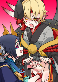 2boys bead_bracelet beads bishounen black_bridal_gauntlets black_eyes black_hair black_haori black_kimono black_trim blonde_hair blue_eyeliner blue_haori bracelet bridal_gauntlets caressing_testicles clothes_lift colored_sclera dual_persona eye_tattoo eyeliner facial_mark facial_tattoo fang finger_loop_gloves fingernails fundoshi fundoshi_pull gold_ring gradient_background grey_kimono grey_skirt hair_between_eyes hakama hakama_short_skirt hakama_skirt handjob hannya hannya_(onmyoji) hannya_mask haori headband heavy_breathing highres horned_mask japanese_clothes jewelry kimono kneeling layered_clothes layered_kimono long_sleeves looking_at_another looking_down looking_up makeup male_focus mask mask_on_head moto_mitsuashi multicolored_haori multicolored_kimono multiple_boys noh_mask oni_mask onmyoji open_mouth orange_eyes orange_haori orange_trim pointy_ears pom_pom_(clothes) pov precum precum_string pubic_hair purple_eyes red_headband red_kimono red_mask red_rope ring rope rope_belt selfcest sharp_fingernails short_hair sidelocks simple_background skirt skirt_lift slit_pupils smile snake standing sweatdrop tagme tattoo tattoo_under_eye testicles textless_version translation_request trap white_fundoshi yaoi yellow_pom_poms