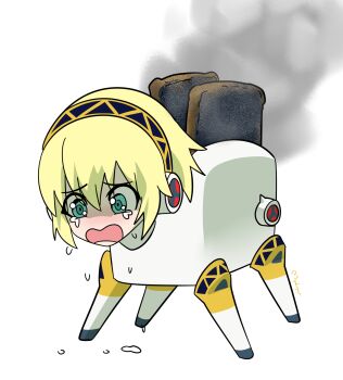 1girl aigis_(persona) aegis_(toaster)_(persona) android blonde_hair blush burnt_food crying crying_with_eyes_open full_body green_eyes hairband highres maho_malice open_mouth persona persona_3 short_hair simple_background solo tears toaster what white_background