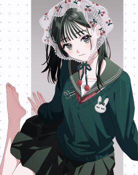 1girl barefoot blush bonnet cherry cherry_print choppy_bangs closed_mouth collarbone commentary fingernails food food_print fruit fruit_print green_eyes green_sailor_collar green_skirt green_sweater hair_behind_ear head_tilt highres long_hair long_sleeves looking_at_viewer neckerchief original pleated_skirt rabbit red_neckerchief sailor_collar school_uniform see-through_clothes see-through_headwear serafuku simple_background sitting skirt soles solo sweater uryoko v-neck yokozuwari