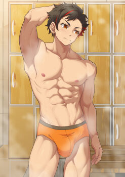 1boy abs absurdres arm_behind_head bara bench black_hair bulge changing_room ensemble_stars! highres kogatetora looking_to_the_side male_focus male_underwear multicolored_hair muscular muscular_male nagumo_tetora navel nipples orange_eyes orange_male_underwear pectorals red_hair steam streaked_hair two-tone_hair underwear underwear_only