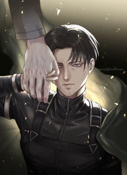 2boys absurdres black_cloak black_hair black_jacket chest_harness cloak erwin_smith facial_scar grey_jacket harness highres holding_hands jacket levi_(shingeki_no_kyojin) looking_at_viewer male_focus mskei multiple_boys parted_bangs scar scar_on_cheek scar_on_face scar_on_mouth shingeki_no_kyojin short_hair twitter_username upper_body veins veiny_hands yaoi