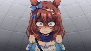 Rule 34 | 1girl, animal ears, bag, bare shoulders, between breasts, blue bag, blue bow, blue dress, blue eyes, blue scarf, bow, braid, breasts, brown hair, cleavage, closed mouth, commentary, dress, ear bow, ear ribbon, english commentary, hair between eyes, highres, horse ears, horse girl, large breasts, long hair, looking at viewer, multicolored hair, scarf, seireiart, shaded face, shoulder bag, solo, strap between breasts, streaked hair, super creek (murmuring stream) (umamusume), super creek (umamusume), umamusume, umamusume: cinderella gray, upper body, very long hair, white hair