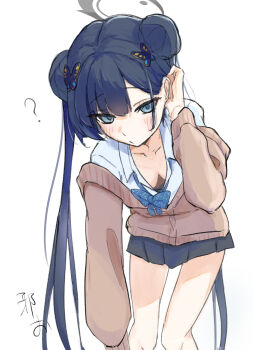 Rule 34 | 1girl, blue archive, blue hair, blush, breasts, collarbone, collared shirt, commentary request, double bun, flat chest, hair bun, hand in own hair, highres, kisaki (blue archive), leaning forward, long hair, looking at viewer, school uniform, shirt, simple background, small breasts, solo, upper body, very long hair, white background, yokosima lvc