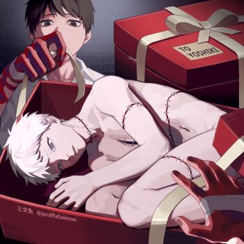 2boys artist_name black_eyes black_hair box chinese_commentary commentary_request gift gift_box grey_eyes highres hikaru_ga_shinda_natsu in_box in_container indou_hikaru joraffasalmon male_focus mole mole_on_cheek mole_under_eye mole_under_mouth multiple_boys multiple_moles nude scar scar_on_arm scar_on_hand short_eyebrows short_hair slit_pupils stapled tsujinaka_yoshiki twitter_username white_hair