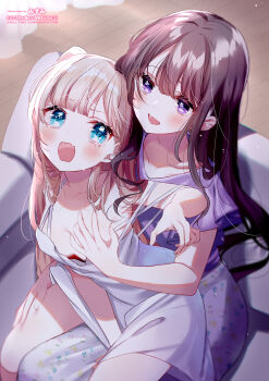 2girls aqua_eyes between_legs blonde_hair brown_hair crying dress grabbing_another's_breast groping hand_between_legs highres long_hair misumi_(macaroni) molestation multiple_girls non-web_source original purple_dress purple_eyes scared smile white_dress yuri