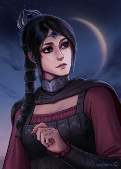 1girl artist_name baldur&#039;s_gate baldur&#039;s_gate_3 black_cape black_hair brown_eyes cape circlet cosplay dungeons_&amp;_dragons dungeons_&amp;_dragons highres looking_to_the_side moon outdoors ponytail red_shirt serana serana_(cosplay) shadowheart_(baldur&#039;s_gate) shirt signature solo supermareart the_elder_scrolls the_elder_scrolls_v:_skyrim upper_body