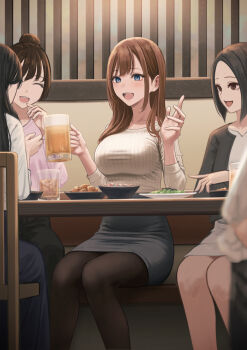 5girls akiyama_akane alcohol beer beer_mug black_eyes black_hair black_pantyhose black_skirt blue_eyes bowl breasts brown_hair chair closed_eyes commentary_request cup drinking_glass elbow_rest facing_viewer feet_out_of_frame food highres holding holding_cup izakaya large_breasts long_hair looking_at_another mug multiple_girls open_mouth original pantyhose pencil_skirt pink_shirt plate restaurant shirt sitting skirt upper_body white_shirt yukimaru_ai
