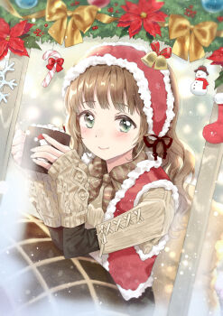 1girl bell bonnet bow bowtie brown_bow brown_bowtie brown_hair brown_sweater cable_knit candy candy_cane christmas closed_mouth commentary_request cup food gold_bow green_eyes hat holding holding_cup jacket long_hair long_sleeves mug open_clothes open_jacket original red_hat red_jacket sleeveless sleeveless_jacket sleeves_past_wrists smile snowflakes snowman solo sweater unya_(unya-unya) upper_body wispy_bangs