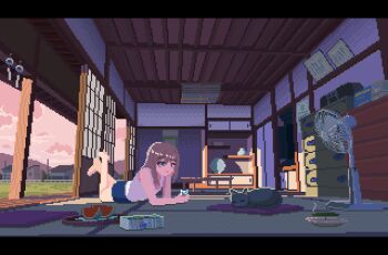 animal animated animated_gif barefoot blue_shorts brown_hair cat ceiling chest_of_drawers cup dithering drinking_glass electric_fan evening floor food fruit incense_burner kuuchuu_roukaku letterboxed looping_animation lying on_stomach original pink_sky pixel_art shorts shouji sky sleeping_animal sliding_doors tank_top tatami the_pose watermelon watermelon_slice white_tank_top wind_chime