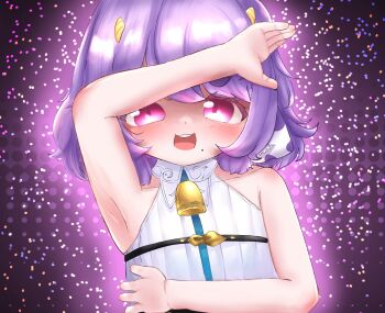 1girl animal_ears arm_up armpits blush collarbone cow_ears highres horns loli looking_at_viewer mole muu_muyu muu_muyu_(artist) neck_bell open_mouth phase_connect pink_eyes purple_hair shirt short_hair sleeveless sleeveless_shirt smile solo virtual_youtuber
