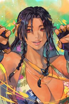1girl armband backwards_text bikini black_hair bra breasts cleavage dark-skinned_female dark_skin earrings fingerless_gloves floral_print floral_print_bikini gloves green_armband hungry_clicker jewelry large_breasts long_hair looking_at_viewer miary_zo multicolored_bra padded_gloves print_bikini red_eyes smile solo swimsuit tekken tekken_8 underwear yellow_armband yellow_nails