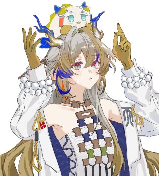 1girl absurdres arknights arms_up bare_shoulders beads blue_eyes blue_hair blue_jacket brown_hair colored_extremities dragon_bubble_(arknights) dragon_girl dragon_horns grey_hair hair_between_eyes hair_intakes highres horns jacket jewelry long_hair long_sleeves multicolored_hair necklace parted_lips rep120105 shu_(arknights) simple_background solo two-sided_fabric two-sided_jacket upper_body white_background white_jacket