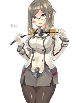 1girl black_necktie black_pantyhose blush breasts commentary_request epaulettes folded_ponytail glasses gloves green_eyes grey_skirt jacket kagaya_jirou kantai_collection katori_(kancolle) large_breasts long_sleeves looking_at_viewer military_uniform necktie open_mouth pantyhose pencil_skirt riding_crop simple_background skirt solo white_background white_gloves white_jacket