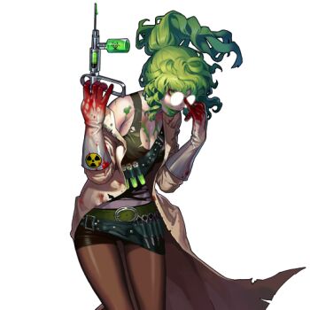 1girl artist_request biohazard_symbol black_survival blood blood_on_clothes breasts cleavage commentary dr._wickeline english_commentary glasses gloves green_eyes green_hair lab_coat official_art opaque_glasses radiation_symbol scissors solo syringe syringe_gun third-party_source torn_clothes torn_coat transparent_background