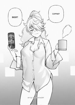 Rule 34 | 1girl, :3, beer can, breasts, can, closed mouth, coffee mug, collared shirt, commentary, corrupted twitter file, cowboy shot, cup, drink can, english commentary, english text, greyscale, hair over one eye, highres, holding, holding can, holding cup, long hair, looking at viewer, medium breasts, monochrome, mug, one eye covered, original, puff of air, second-party source, see-through silhouette, shirt, smile, solo, speech bubble, studionice2011, swept bangs, talking