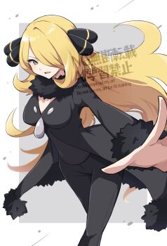1girl :d absurdres black_coat black_pants black_shirt blonde_hair breasts coat cynthia_(pokemon) hair_ornament hair_over_one_eye highres long_hair long_sleeves looking_at_viewer nintendo open_mouth pants piyo_to_game pokemon pokemon_dppt shirt smile solo very_long_hair