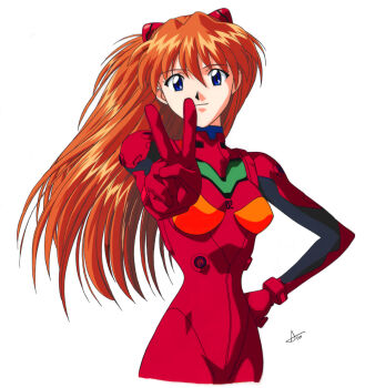1girl bad_id blue_eyes bodysuit breasts brown_hair closed_mouth curvy hair_between_eyes hand_on_own_hip highres interface_headset_(evangelion) itou_katsunobu long_hair mecha_pilot_suit medium_breasts narrow_waist neon_genesis_evangelion outstretched_arm plugsuit_(evangelion) red_bodysuit revision signature simple_background skin_tight smile solo souryuu_asuka_langley standing upper_body v white_background wide_hips