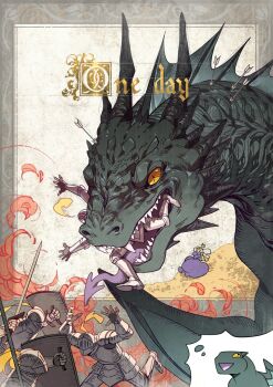 1girl 4boys armor battle biting colored_tongue commentary dragon english_commentary fire full_armor holding holding_shield holding_sword holding_weapon imagining knight lydia_ling medieval multiple_boys open_mouth person_in_mouth purple_tongue sharp_teeth shield soldier sword teeth the_ink_apprentice tongue tongue_out weapon western_dragon yellow_eyes